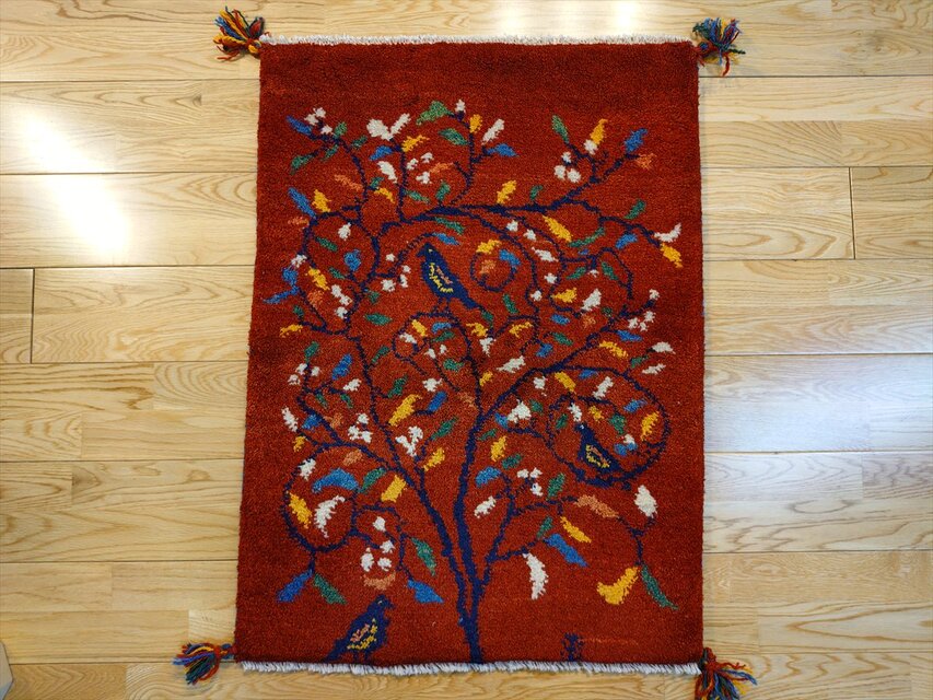 ハンドメイド ペルシャ ギャッベ 玄関マット ラグ 84x62cm 鳥 花