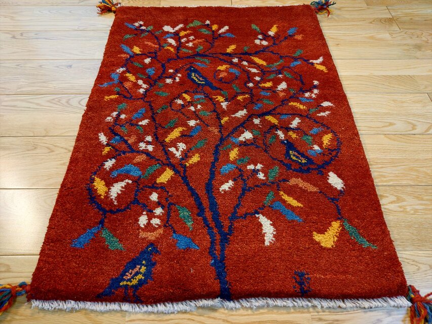 ハンドメイド ペルシャ ギャッベ 玄関マット ラグ 84x62cm 鳥 花