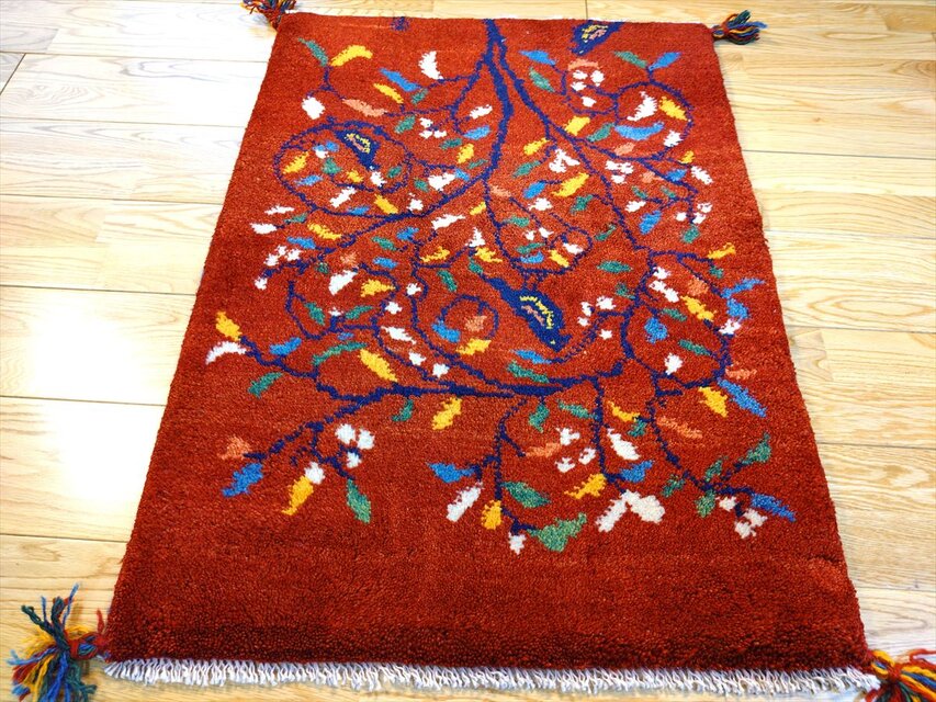 ハンドメイド ペルシャ ギャッベ 玄関マット ラグ 84x62cm 鳥 花
