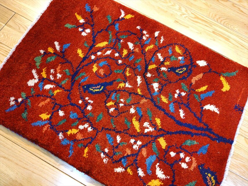 ハンドメイド ペルシャ ギャッベ 玄関マット ラグ 84x62cm 鳥 花