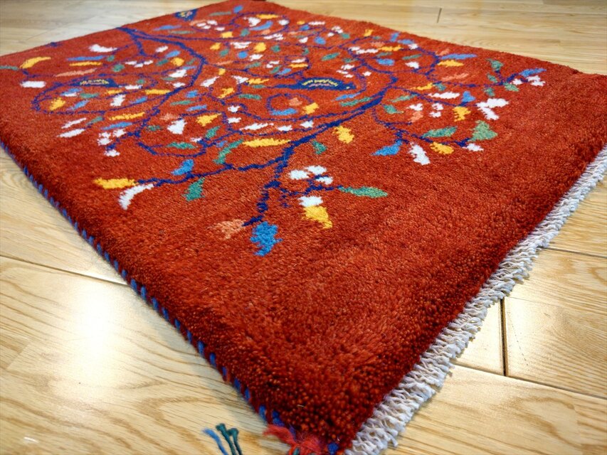 ハンドメイド ペルシャ ギャッベ 玄関マット ラグ 84x62cm 鳥 花