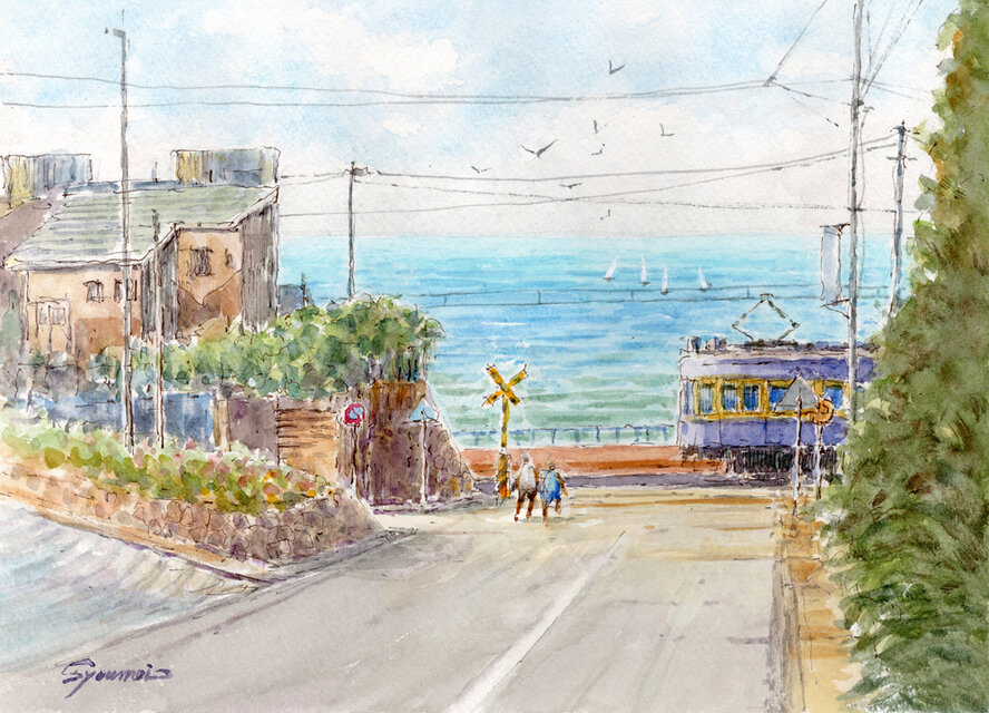 水彩画原画 七里ヶ浜の海と江ノ電踏切 ＃741 | iichi 日々の暮らしを