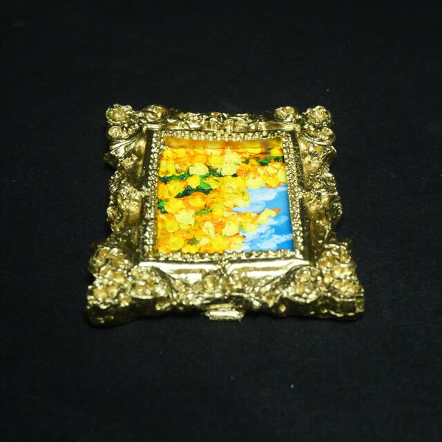 油彩画「風とはずむミモザ」ミニ額装アート（原画）｜インテリア