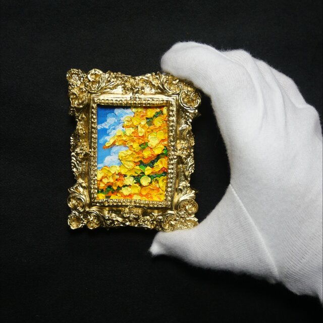 油彩画「風とはずむミモザ」ミニ額装アート（原画）｜インテリア
