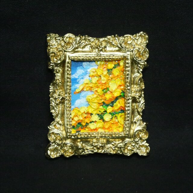 油彩画「風とはずむミモザ」ミニ額装アート（原画）｜インテリア