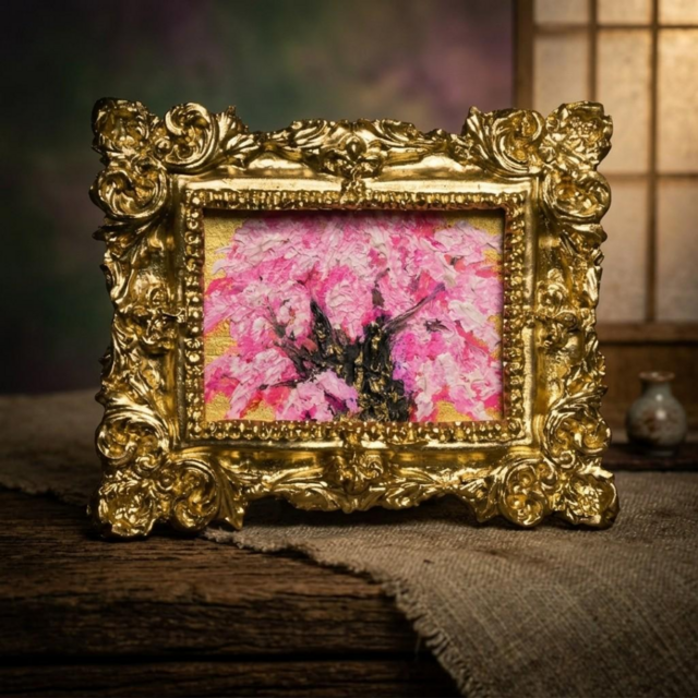 黄金背景の桜大樹 〜爛漫〜 ／ ミニ油彩画・額付き原画【春の訪れ