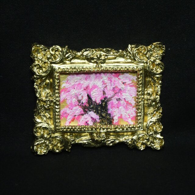 黄金背景の桜大樹 〜爛漫〜 ／ ミニ油彩画・額付き原画【春の訪れ