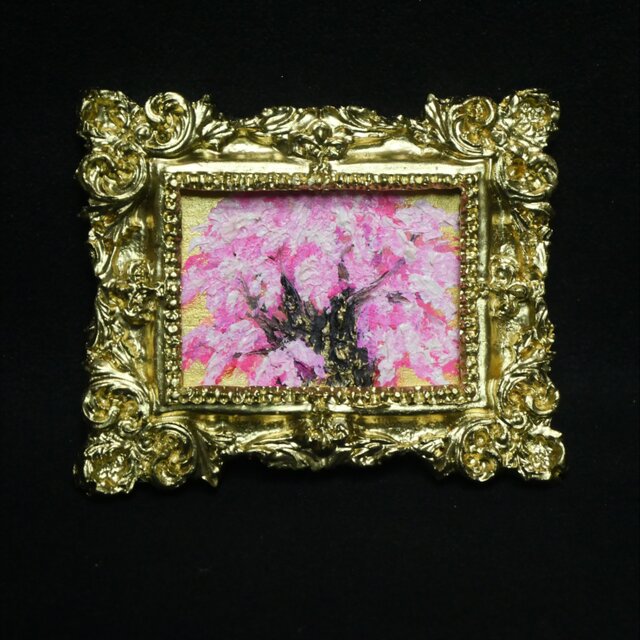 黄金背景の桜大樹 〜爛漫〜 ／ ミニ油彩画・額付き原画【春の訪れ