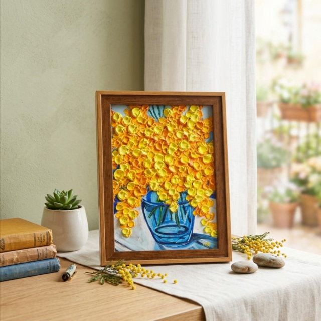 絵画　油絵　原画　一点物　花　可憐　アート　インテリア　プレゼント　SM 油絵 原画『春を告げるミモザ』ミモザのミニ絵画 インテリア・ギフトに