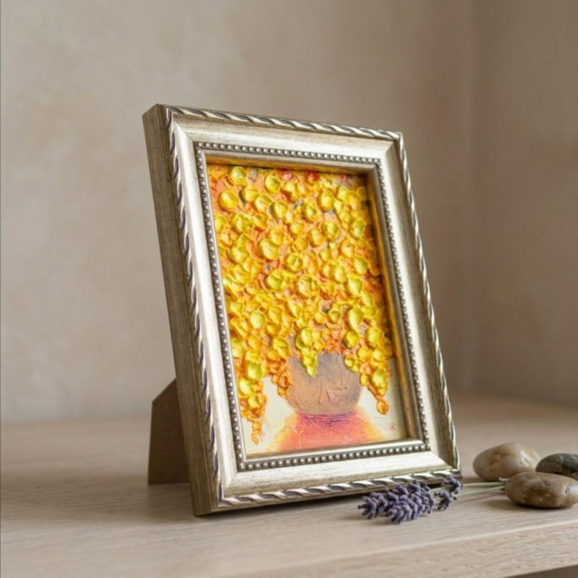輝くミモザ】Mimosa Splendor 立体 凹凸 厚塗り 油彩画 ミニ絵画 原画
