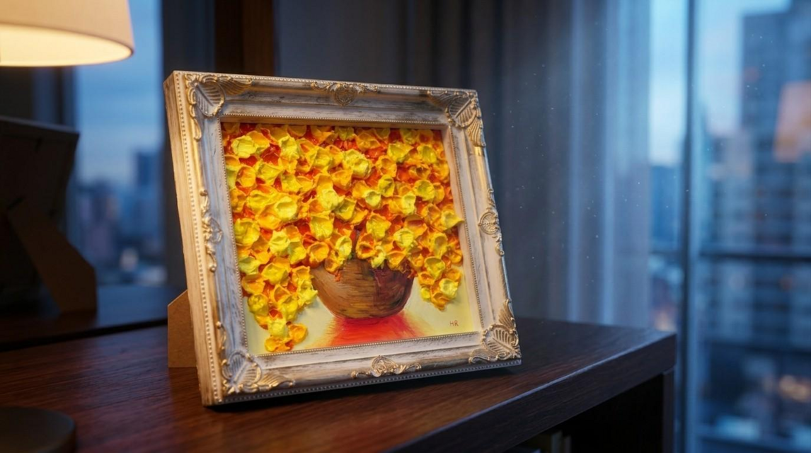 黄金のミモザ 〜幸福のプレリュード〜】立体油絵 ミニ絵画 額付き 黄金のミモザ 〜幸福のプレリュード〜】立体油絵 ミニ絵画 額付き