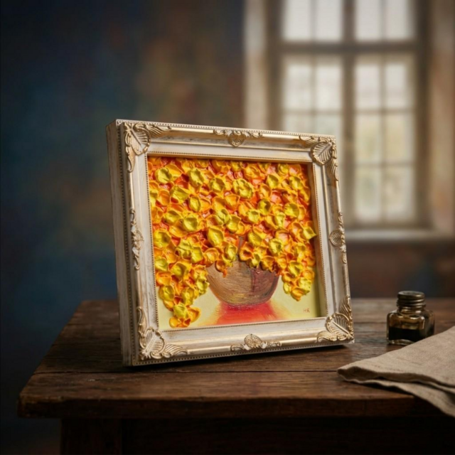 黄金のミモザ 〜幸福のプレリュード〜】立体油絵 ミニ絵画 額付き