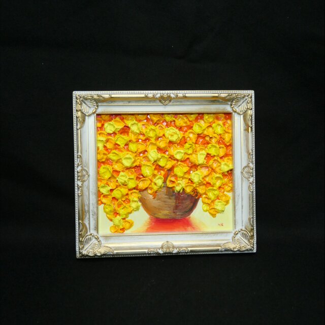 黄金のミモザ 〜幸福のプレリュード〜】立体油絵 ミニ絵画 額付き