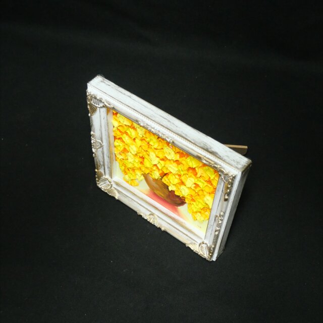 黄金のミモザ 〜幸福のプレリュード〜】立体油絵 ミニ絵画 額付き