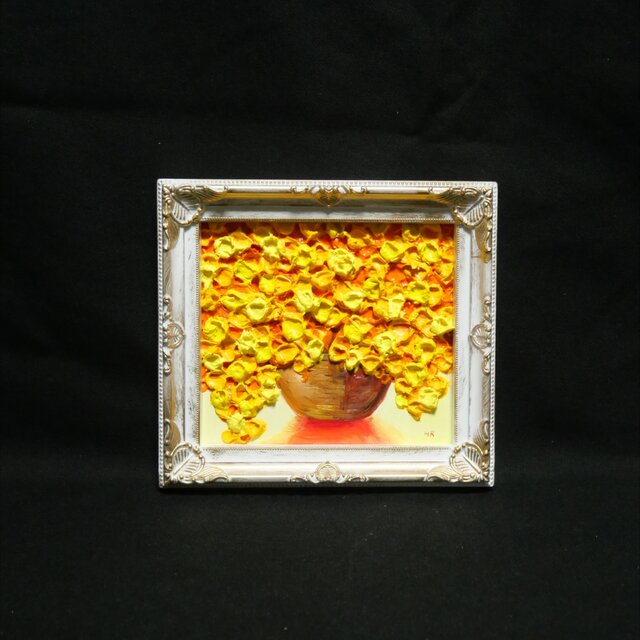 黄金のミモザ 〜幸福のプレリュード〜】立体油絵 ミニ絵画 額付き