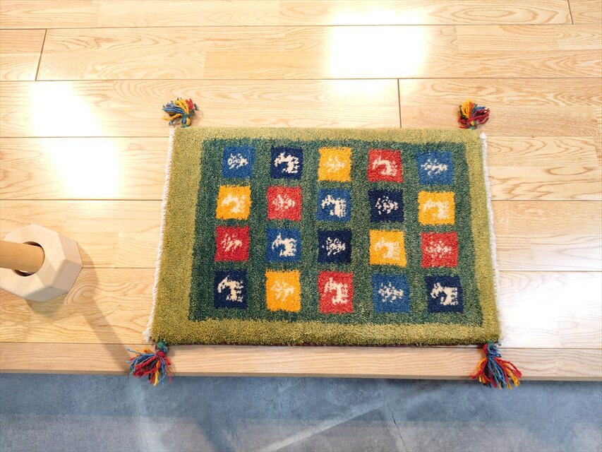 ハンドメイド」ペルシャ ギャッベ 玄関マット小 ラグ 58.5x41㎝ 緑色