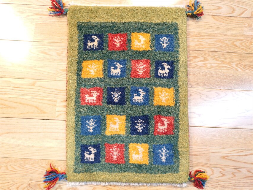 ハンドメイド」ペルシャ ギャッベ 玄関マット小 ラグ 58.5x41㎝ 緑色