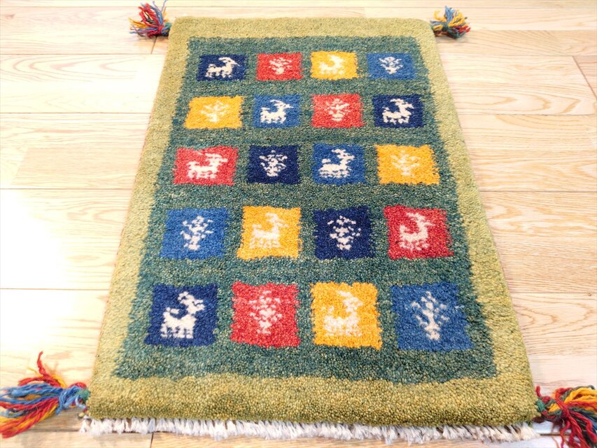 ハンドメイド」ペルシャ ギャッベ 玄関マット小 ラグ 58.5x41㎝ 緑色