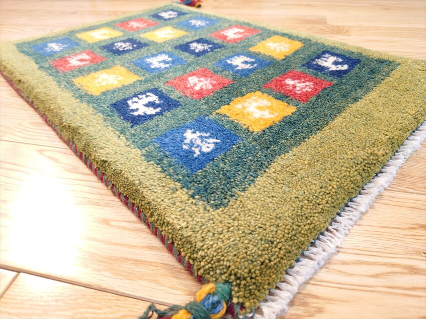 ハンドメイド」ペルシャ ギャッベ 玄関マット小 ラグ 58.5x41㎝ 緑色