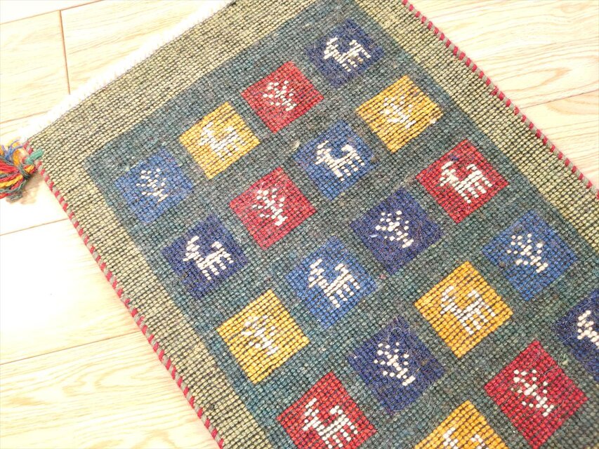 ハンドメイド」ペルシャ ギャッベ 玄関マット小 ラグ 58.5x41㎝ 緑色