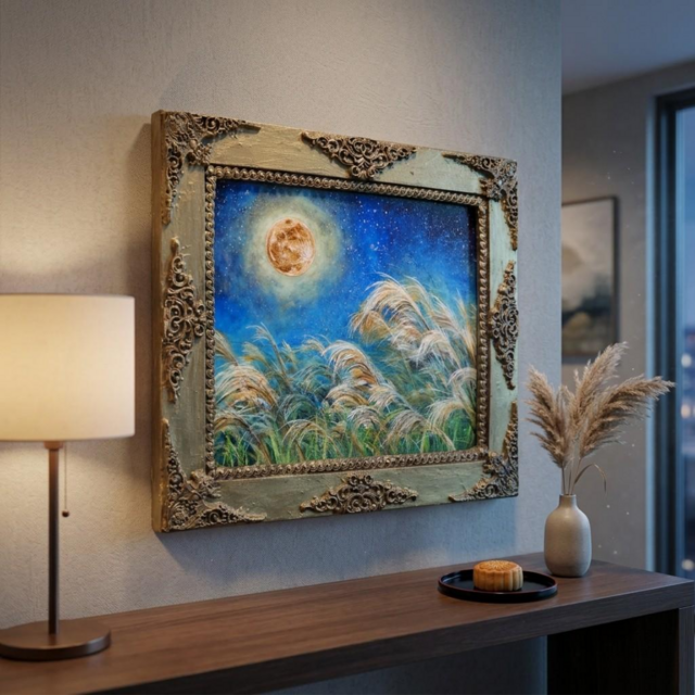 十五夜の黄金月と風に揺れるススキ】油絵 原画 お月見 秋の夜長 中秋の