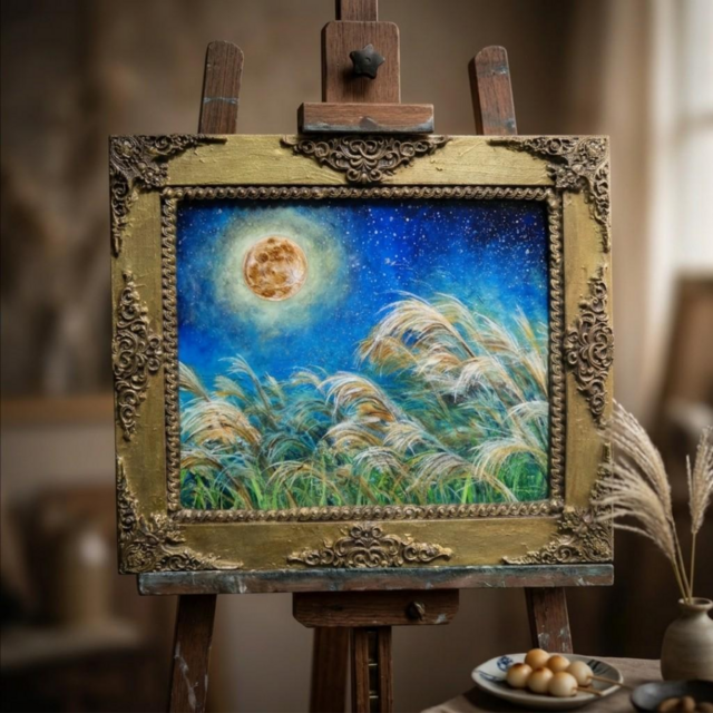 十五夜の黄金月と風に揺れるススキ】油絵 原画 お月見 秋の夜長 中秋の