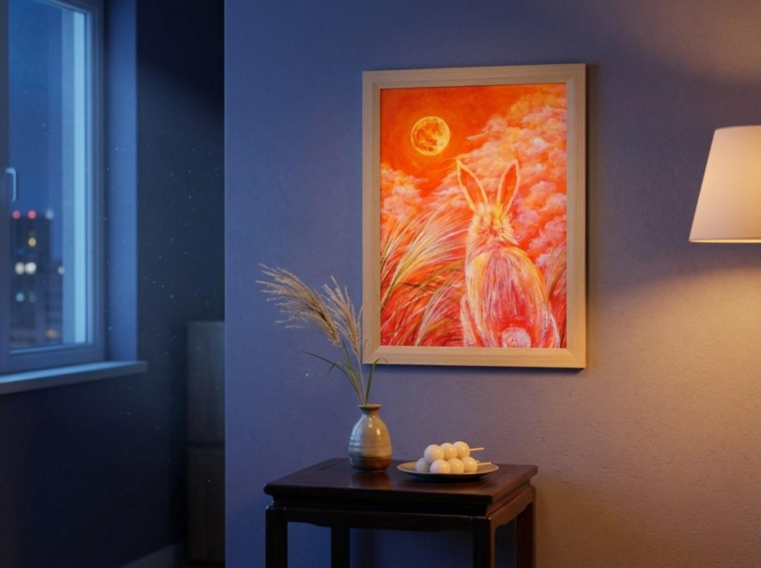 油彩画 原画『満月ノ夜ニ、君ヲ想フ』モダンアート A4ナチュラル額装付