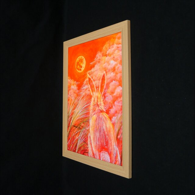 油彩画 原画『満月ノ夜ニ、君ヲ想フ』モダンアート A4ナチュラル額装付