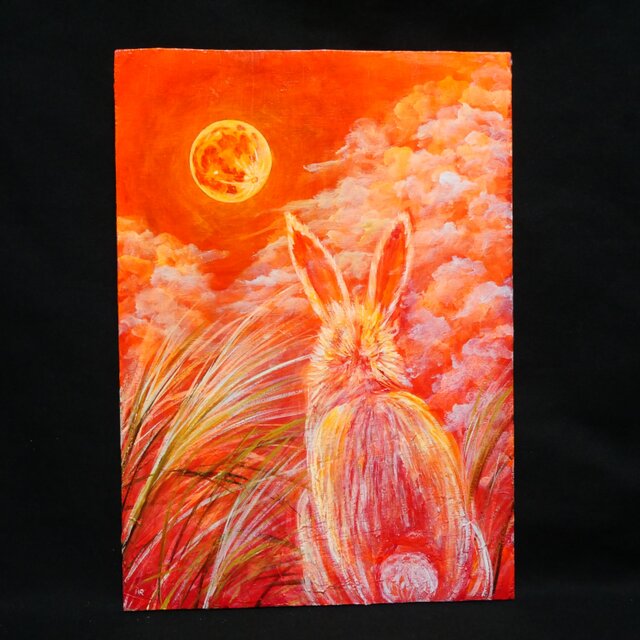 油彩画 原画『満月ノ夜ニ、君ヲ想フ』モダンアート A4ナチュラル額装付