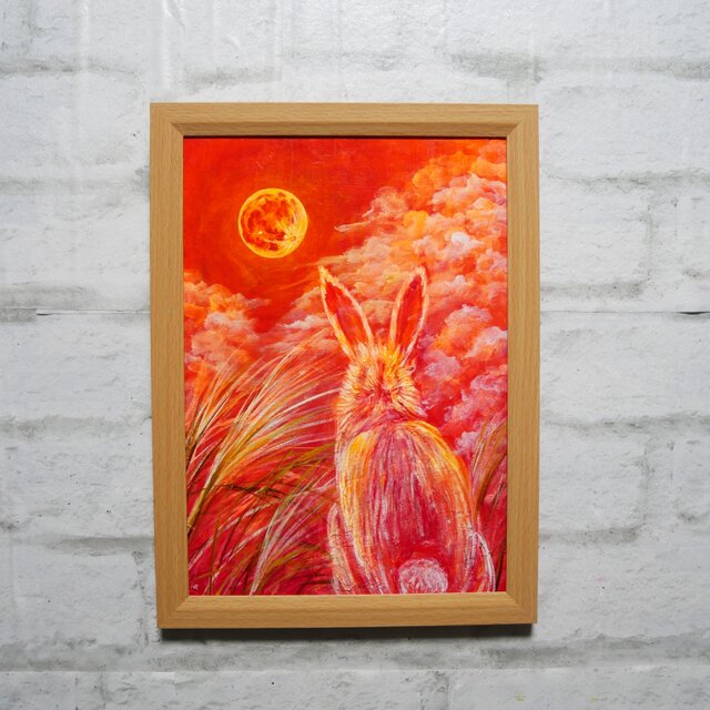 油彩画 原画『満月ノ夜ニ、君ヲ想フ』モダンアート A4ナチュラル額装付