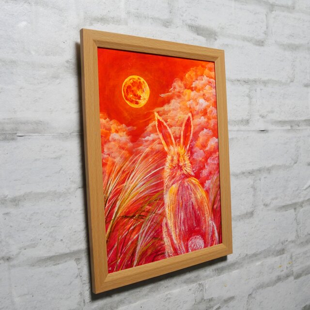 油彩画 原画『満月ノ夜ニ、君ヲ想フ』モダンアート A4ナチュラル額装付