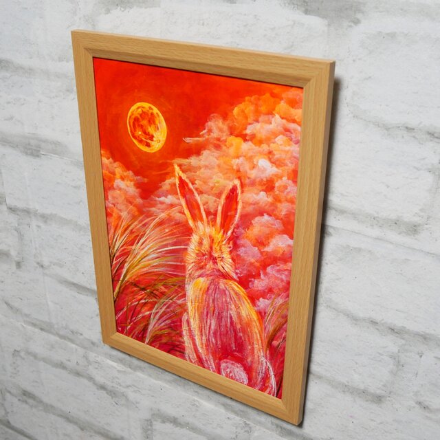 油彩画 原画『満月ノ夜ニ、君ヲ想フ』モダンアート A4ナチュラル額装付