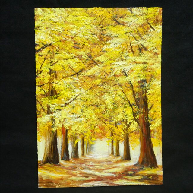【原画】油絵 A4「黄金のプロムナード」イチョウ並木 風水 金運 紅葉 絵画 油絵 原画 A4「黄金のプロムナード 〜光り輝くイチョウ並木〜」秋の