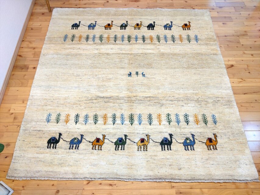 ハンドメイド ペルシャ ギャッベ リビング 正方形ラグ 197x197cm