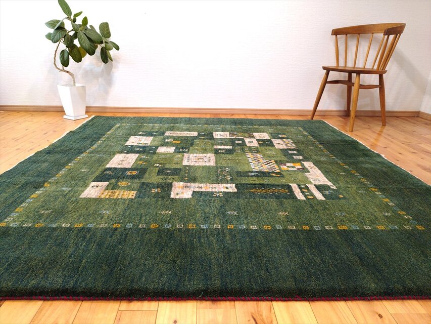 ハンドメイド ペルシャ ギャッベ リビング 正方形ラグ 198x193㎝ 緑色