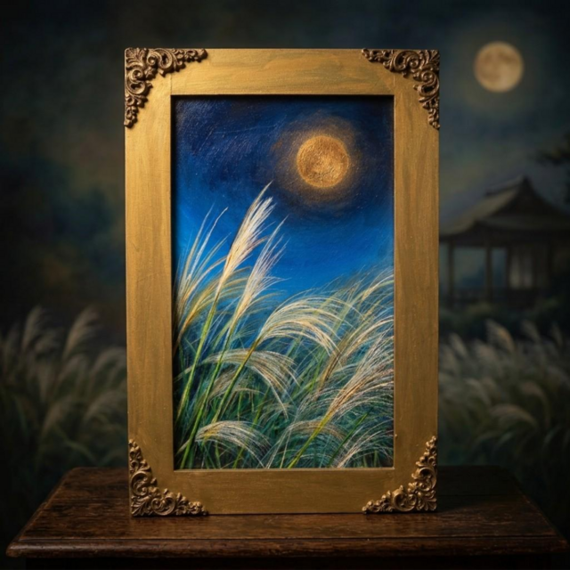 油彩画 原画『十五夜の黄金の月』額装・ギフトラッピング付 秋を彩る