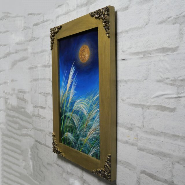 油彩画 原画『十五夜の黄金の月』額装・ギフトラッピング付 秋を彩る
