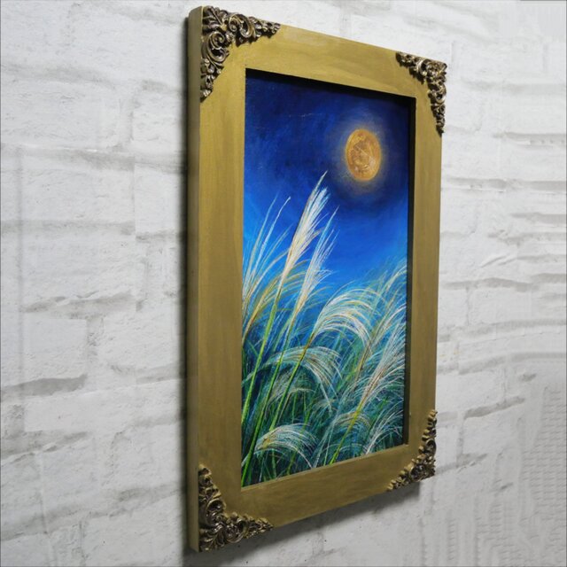 油彩画 原画『十五夜の黄金の月』額装・ギフトラッピング付 秋を彩る