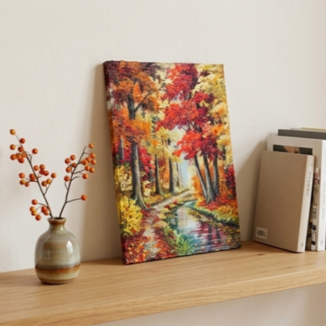 北欧風 油絵 絵画「紅葉ボックス」モダンアート 玄関やリビングに映える 秋の風景 油彩画『 錦秋のせせらぎ 』F4サイズ 原画 / 紅葉の森と清流 秋の