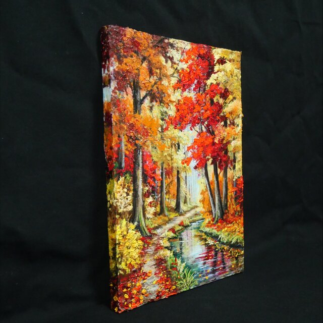 油彩画『 錦秋のせせらぎ 』F4サイズ 原画 / 紅葉の森と清流 秋の
