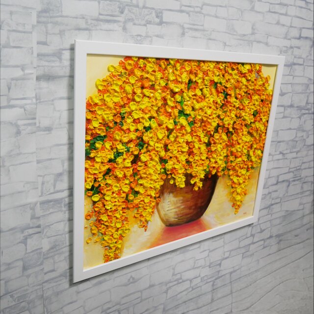 原画】ミモザの油彩画『触れたくなる光の粒』風水金運アップの黄色い