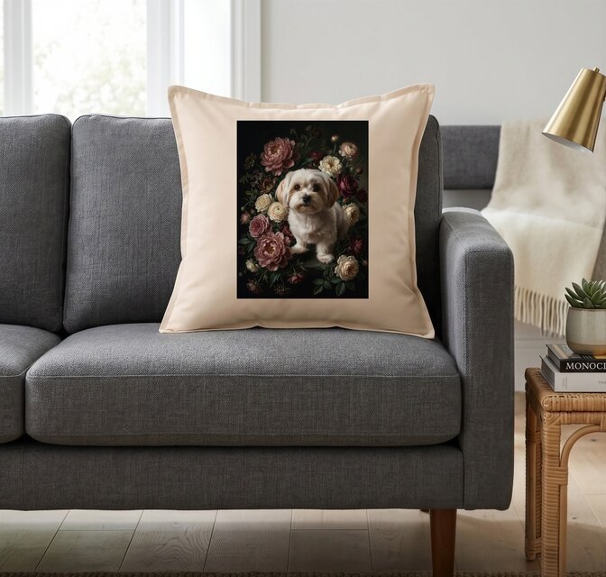 犬（マルチーズ）クッション 45cm 花の油絵風カラーアート | iichi