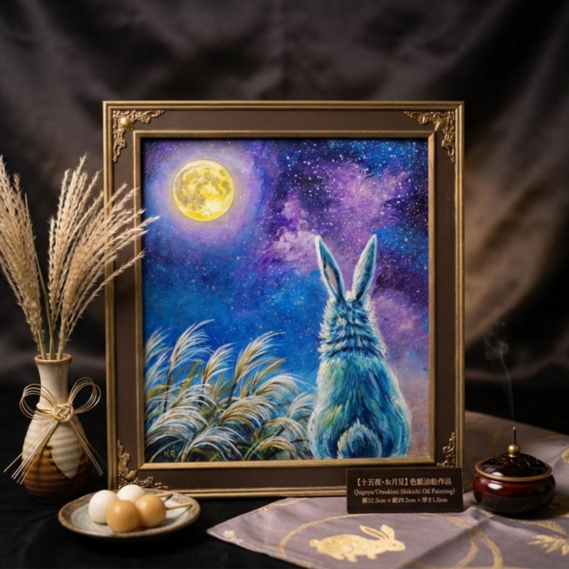 原画 アクリル絵画【 春夜の夢うさぎ 】 油彩画「月夜の願い」 色紙原画（アンティーク調装飾額・ギフト