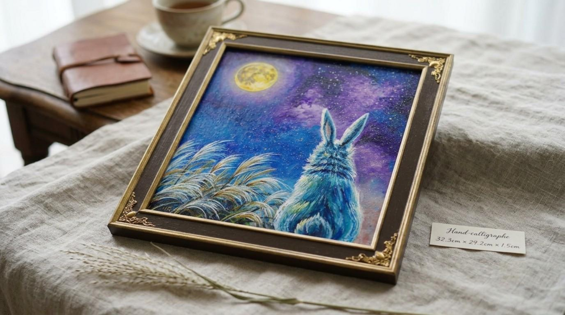 油彩画「月夜の願い」 色紙原画（アンティーク調装飾額・ギフト