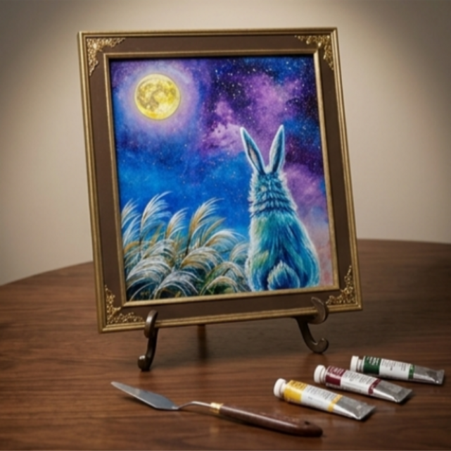 油彩画「月夜の願い」 色紙原画（アンティーク調装飾額・ギフト