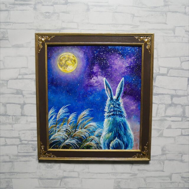 油彩画「月夜の願い」 色紙原画（アンティーク調装飾額・ギフト