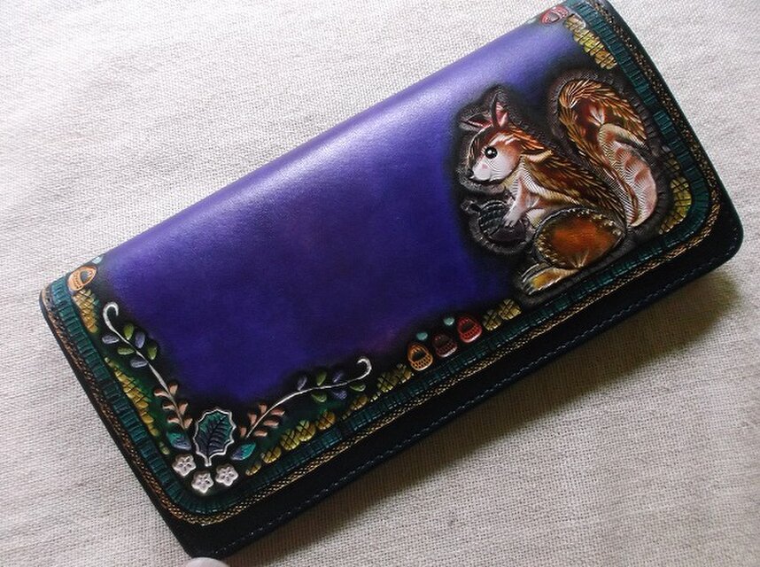 ハンドメイド レザークラフト 長財布 レザークラフト長財布 リス | iichi 日々の暮らしを心地よくする