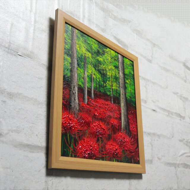 油絵 原画『深緑に咲き誇る、赤き輪廻』曼珠沙華（彼岸花）の風景画