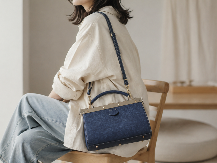 切線派】本革 がま口バッグ 手作りのレザーショルダーバッグレディース