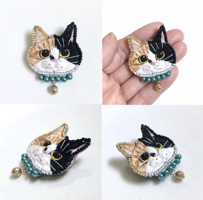 三毛猫バッグチャーム】手刺繍 2way仕様(ブローチ) 猫の日 うちの子 愛